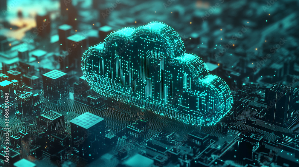 Poster glowing teal cloud shaped like a circuit board, set against a dark, intricate technological backgrou