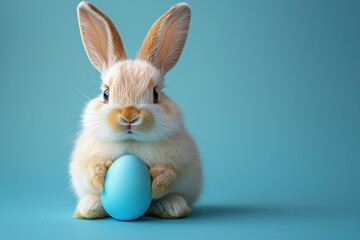 Cute Easter Bunny Holding Blue Egg on Light Blue Background