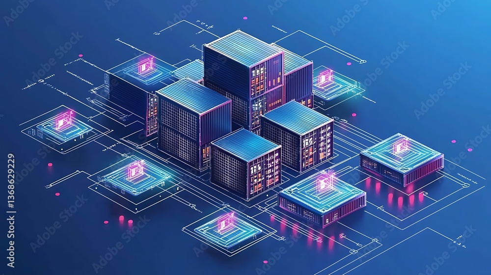 Poster modern data center network. complex interconnected server cluster. high-tech infrastructure