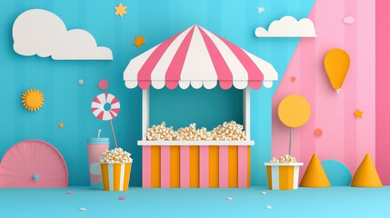 Circus, Colorful popcorn stand with playful geometric decorations.