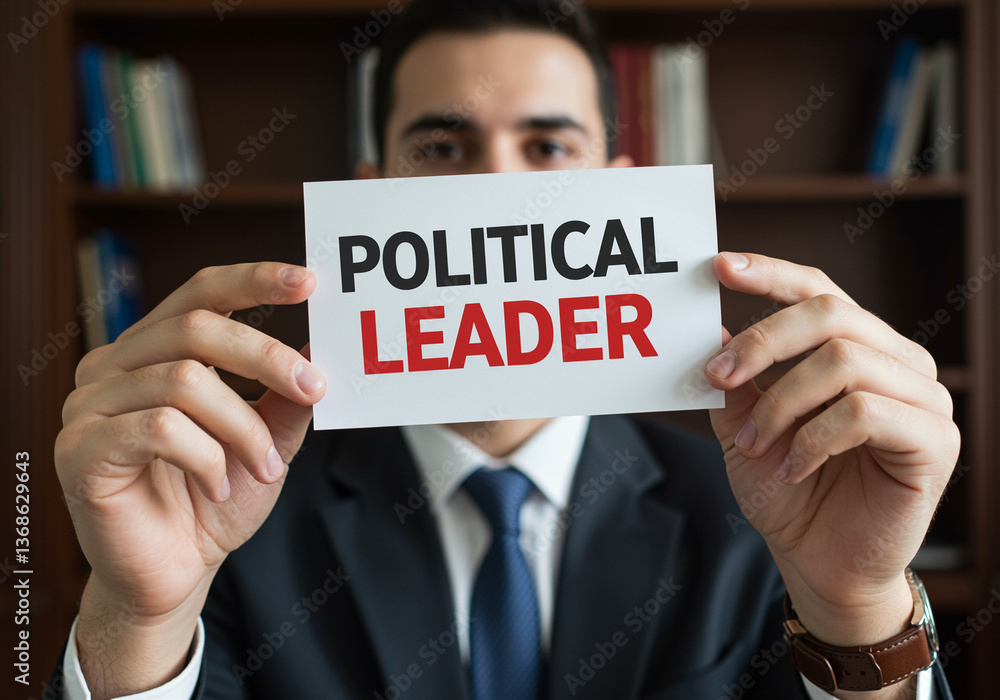 Poster man holds sign with political leader text in suit and tie in front of bookshelf. political leader ho