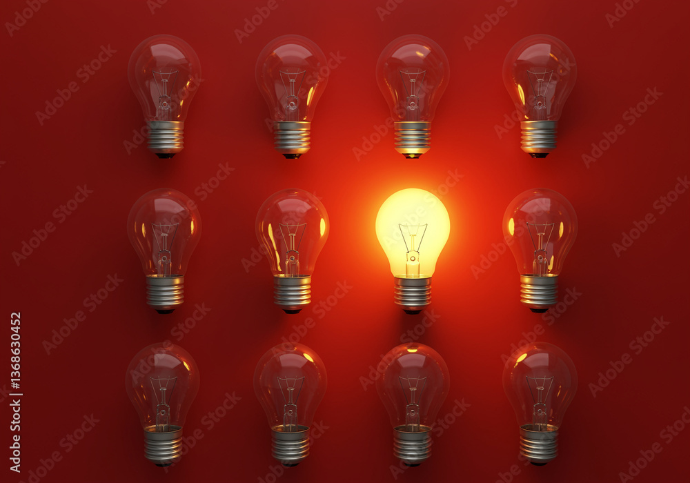 Poster light bulb glowing among unlit light bulbs on red background representing idea concept. light bulbs 