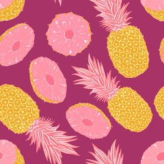 Pink Pineapple seamless pattern with tropical leaves and fruit 