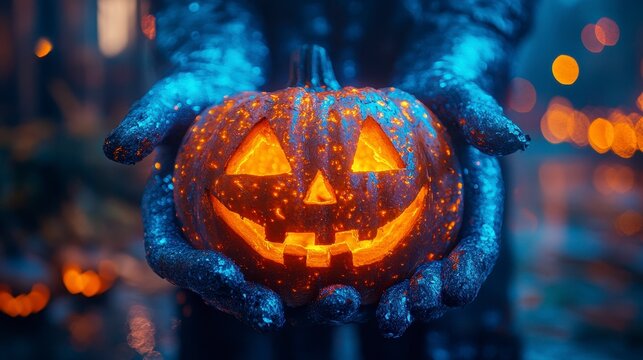 Glowing, carved pumpkin held in dark, glittery hands, lit with orange light