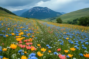 Fototapeta premium Vibrant wildflowers carpet mountain valley, stunning view.