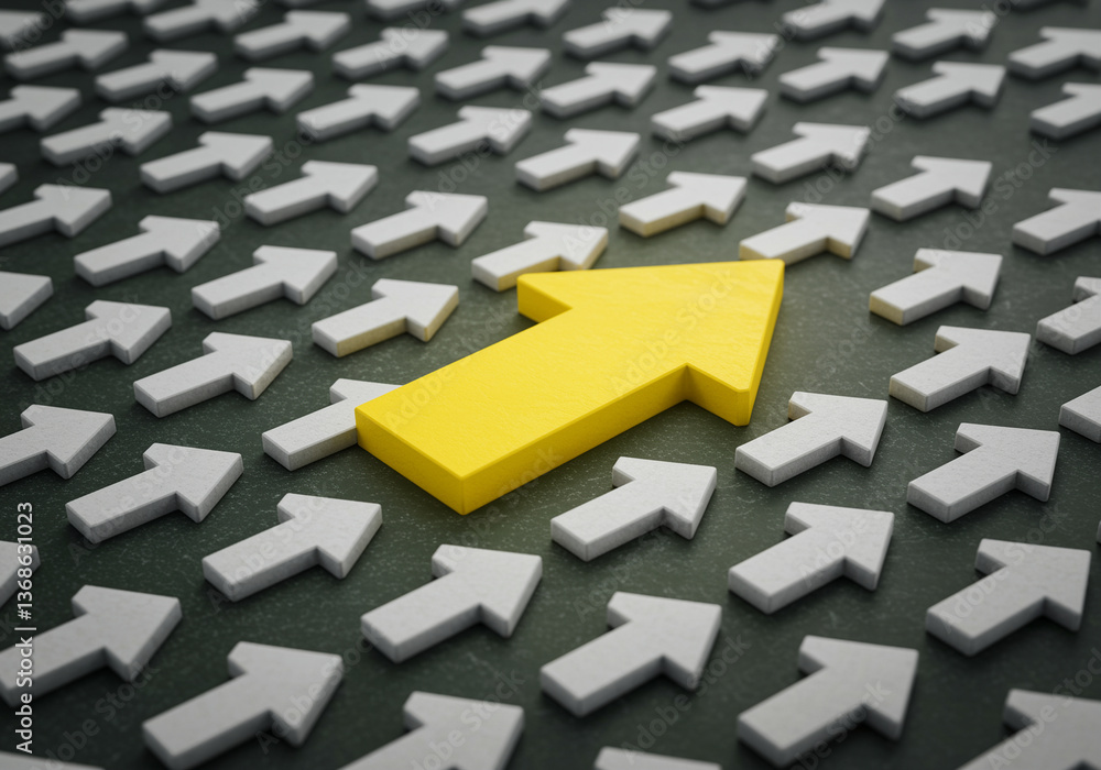 Poster arrow different direction yellow arrow among white arrows pointing in same direction standing out fr