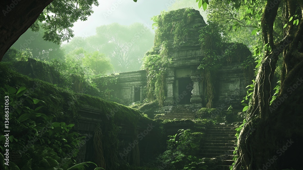 Poster a lush rainforest with a hidden temple covered in vines