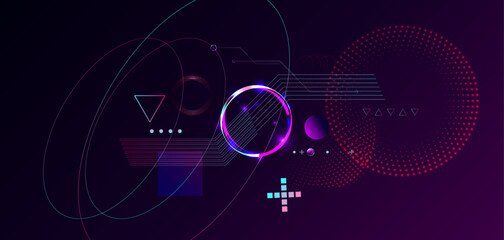 Dark retro futuristic cyberpunk elements abstraction background cosmos synthwave vaporwave retrowave glitch circle with blue and pink glows © Olya Kartavaya