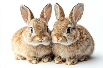 Obraz premium Two adorable brown bunnies sitting together on a white background