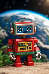 Retro Robot with Earth Background.