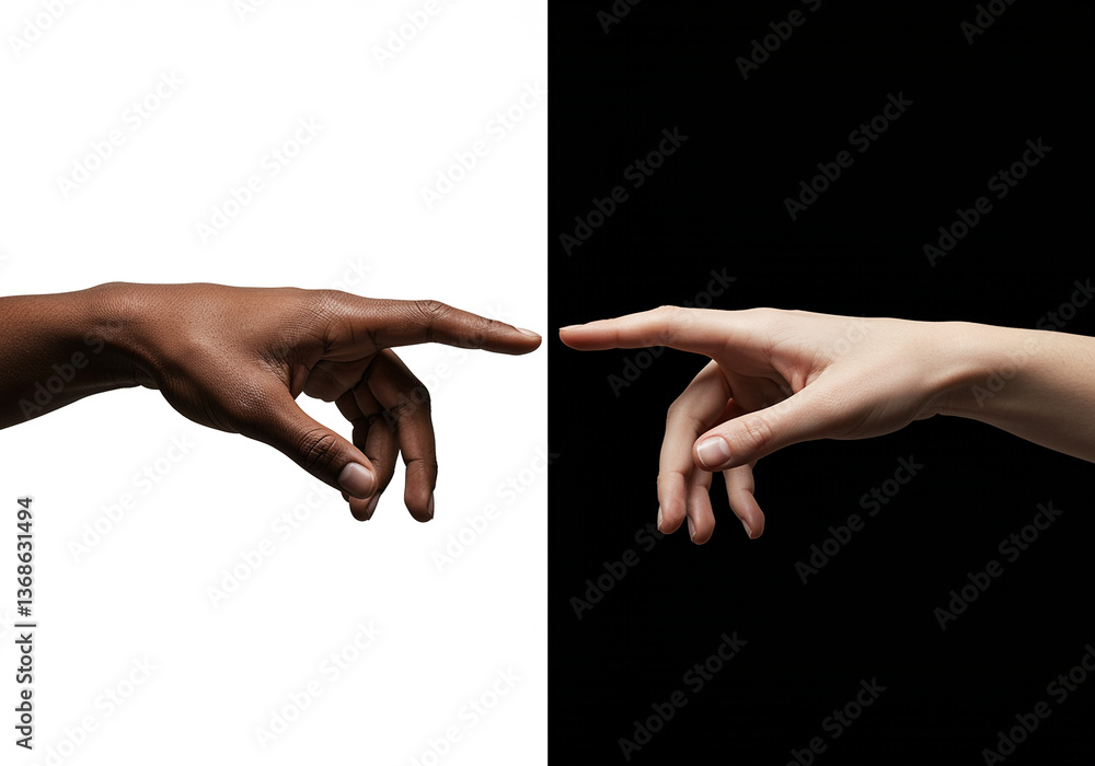 Poster hands touching black and white background showing connection and diversity concept with dark and lig
