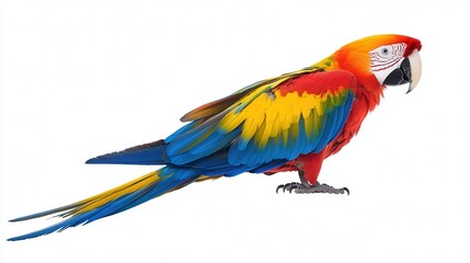 Fototapeta premium Vibrant scarlet macaw displaying vivid red, yellow, and blue plumage against a plain white background.