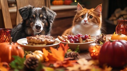 A Heartwarming Thanksgiving Dinner Table Featuring a Loyal Dog