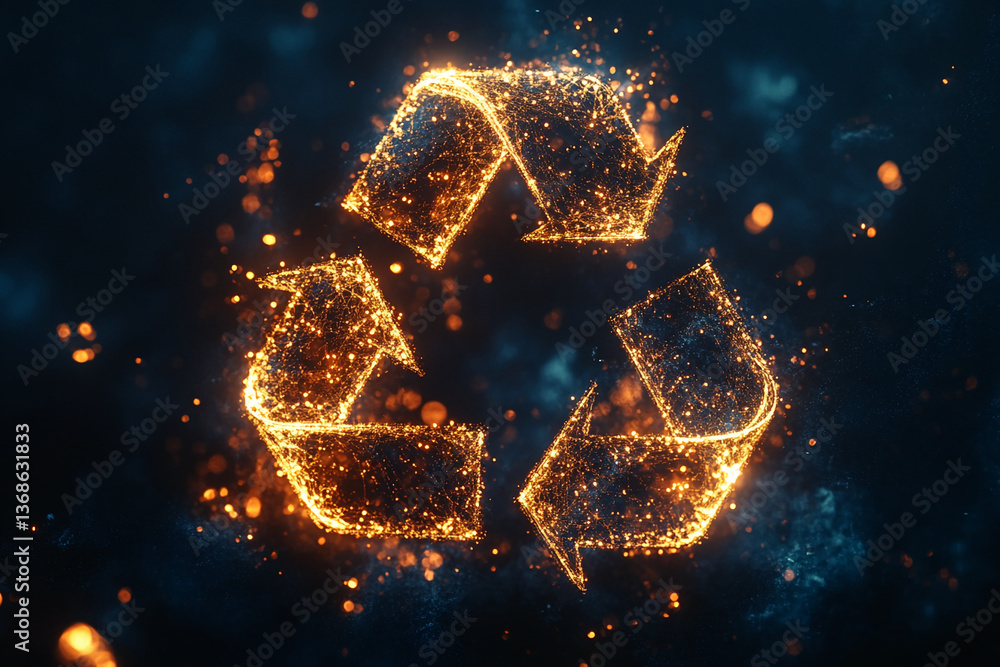 Poster glowing golden recycle symbol, formed by particles, set against a dark blue background. represents s