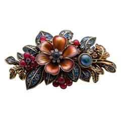 Fototapeta premium A breathtaking autumnal floral brooch, adorned with rich enamel flowers, sparkling sapphires, and ruby accents, set against a pristine white background.