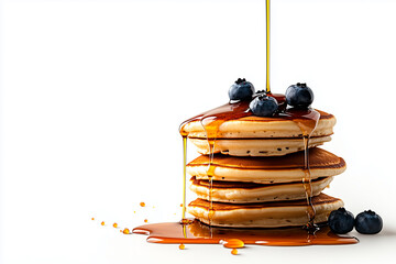 A tall stack of fluffy pancakes with golden-brown edges, dripping with maple syrup and topped with fresh blueberries, hyperrealistic, extreme detail, ultra-HD, isolated on a 100% white background, 8K