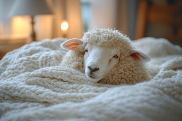 Naklejka premium Fluffy sheep naps in cozy white blanket