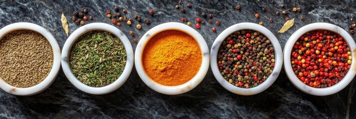 Top down view of vibrant spices in elegant marble bowls arranged on dark stone background Generative AI