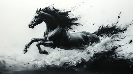Black horse leaps through abstract storm