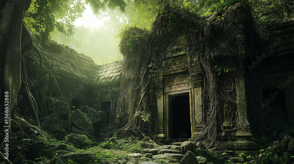 Poster A lush rainforest with a hidden temple covered in vines