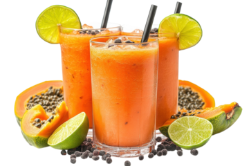 Refreshing papaya smoothies, a tropical delight bursting with sunshine and summer vibes, garnished with lime wedges and black peppercorns.