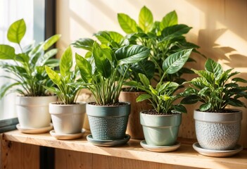 Fototapeta premium Diverse plant collection creating peaceful display on wooden shelving