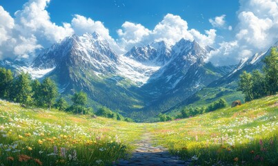 Mountain meadow path, vibrant wildflowers, sunny sky