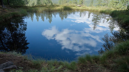 Fototapeta premium A mirror lake reflecting an upside-down version of the sky
