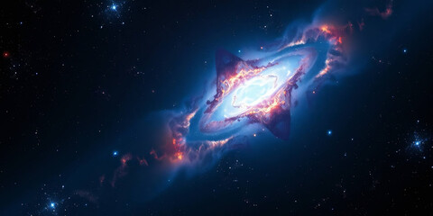 Naklejka premium vast and colorful cosmic scene. The layout is a wide panoramic view of outer space, showcasing a vibrant nebula with a bright, glowing center. The nebula is predominantly blue, with hints of orange 