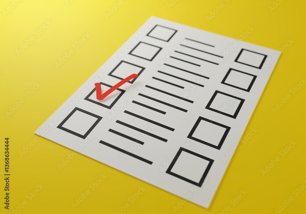 Poster checklist with red check mark on paper showing business checklist task list survey to do list form