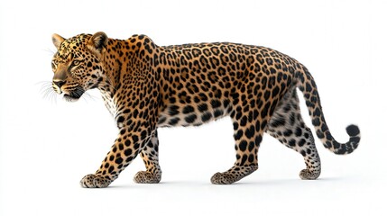 Fototapeta premium Elegant leopard with spotted coat walking gracefully on a white background.