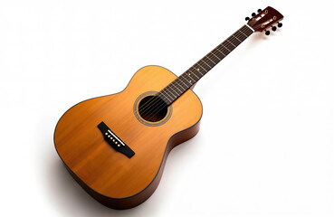 Acoustic guitar isolated white background. Natural wood finish, classic design. Instrument for musicians, music lovers, guitar enthusiasts. Perfect for music lessons, performances, studio recordings.