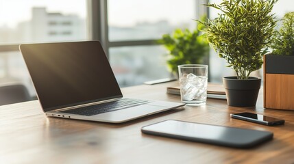 Modern workspace with laptop, smartphone, and indoor plants during a sunny morning