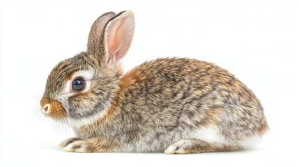 Fototapeta premium Adorable brown and white rabbit sitting against a white background, looking alert with its big eyes and fluffy fur.