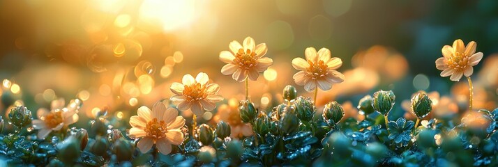 Fototapeta premium Dew-kissed flowers glow golden sunrise
