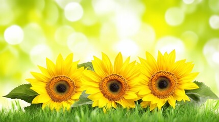 Obraz premium Three Sunflowers in Grass on Blurred Background