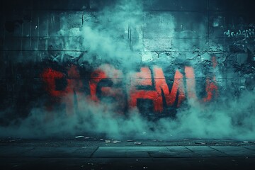 Graffiti letters on a dark, moody background with fog, creating an atmospheric and mysterious effect as the letters emerge from the shadows