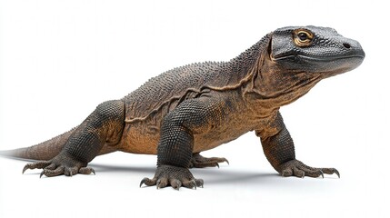 Obraz premium Close-up of a Komodo dragon on a white background showcasing its textured scales and powerful stance.
