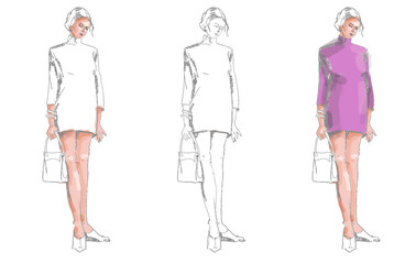 Posing. Model girl in a short dress, office style. For clothing design and fashion show.