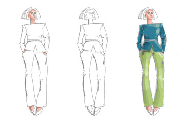 Silhouette of a girl in a pantsuit. For clothing modeling. Hand sketch.