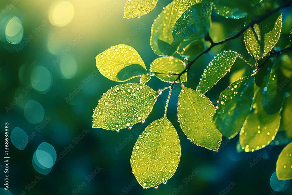 Poster close-up of green leaves with water droplets, illuminated by sunlight, creating a fresh and vibrant 