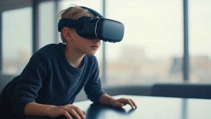 Boy immersed wearing vr headset exploring virtual world indoor setting technology