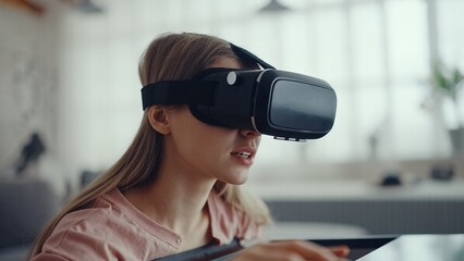 Woman using headset interacts intently virtual reality in bright indoor setting modern technology