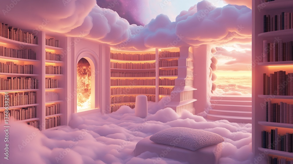 Aufkleber a mystical library in the clouds with floating bookshelves