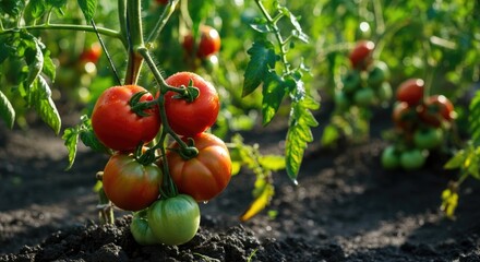Cluster of ripe and unripe tomatoes growing on vine