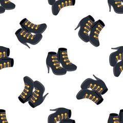 Fashionable black high heeled boots with golden buttons seamless pattern on white background