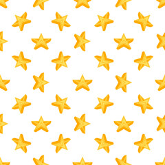 Seamless pattern of golden five pointed stars rotating on white background