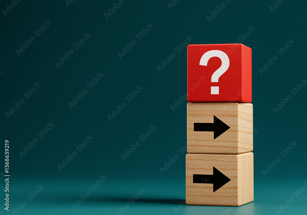 Poster blocks with question mark and arrows pointing right on blue background. stack of blocks shows questi