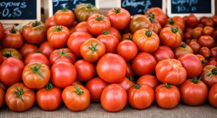 Fresh red tomatoes stacked at market stall
