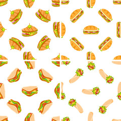 Seamless pattern with sandwiches and wraps showing various fillings including tomatoes, lettuce, cheese, and olives